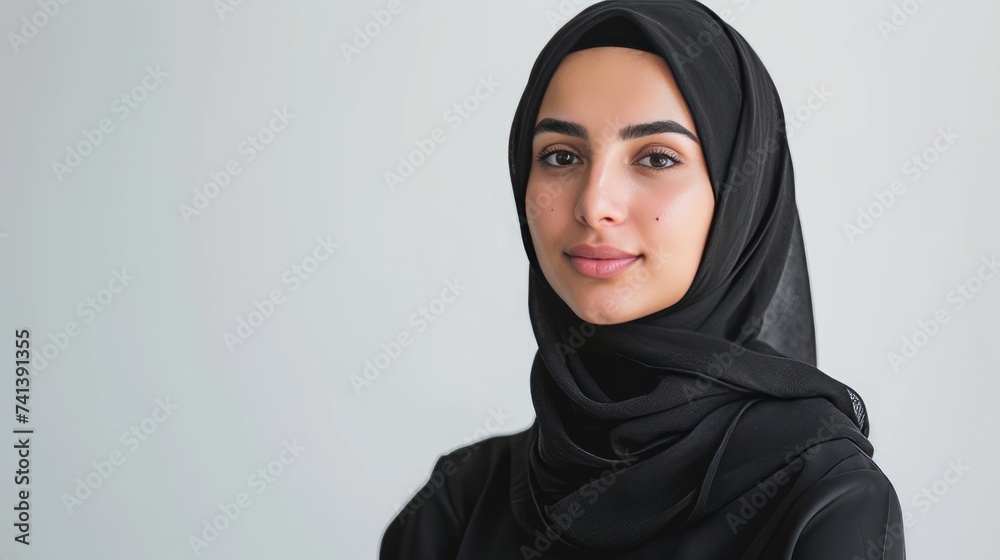 Close-up of a beautiful young Muslim woman wearing a black hijab gazing forward isolated in a grey studio background, Muslim beauty skincare concept. AI Generated. Close-up of a beautiful young Muslim woman wearing a black hijab gazing forward isolated in a grey studio background, Muslim beauty skincare concept. AI Generated.
