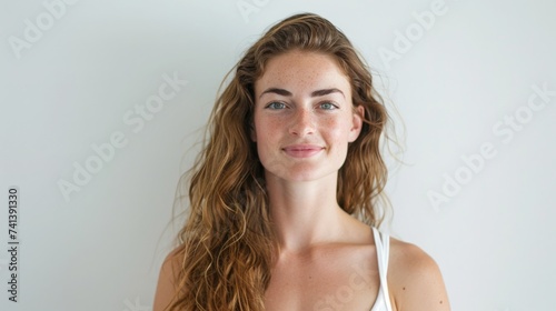 Happy portrait of young sporty woman influencer blogger on white background with copy space. Bright theme for fitness motivation, healthy lifestyle inspiration. Wellness, sport and health concept