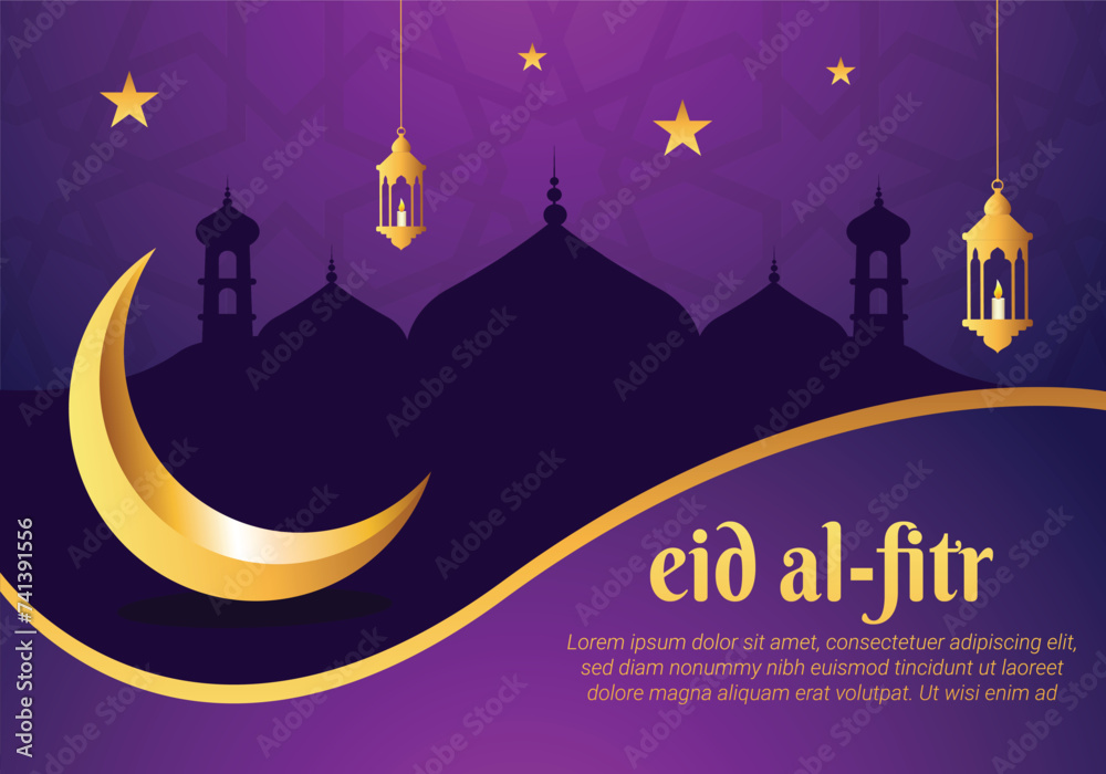 Eid al Fitr greeting card with crescent moon and lanterns Eid al Fitr greeting card with crescent moon and lanterns