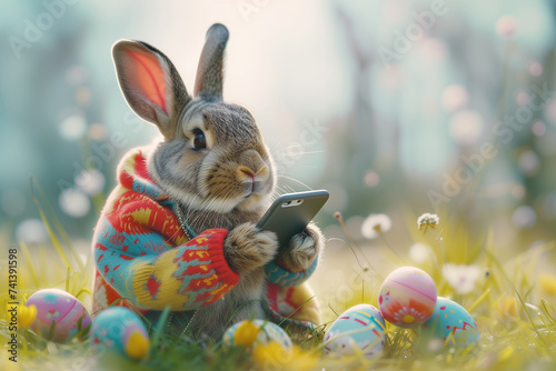 A playful rabbit, sporting a vibrant coat, excitedly holds a phone displaying captured memories with Easter eggs scattered on a grassy field