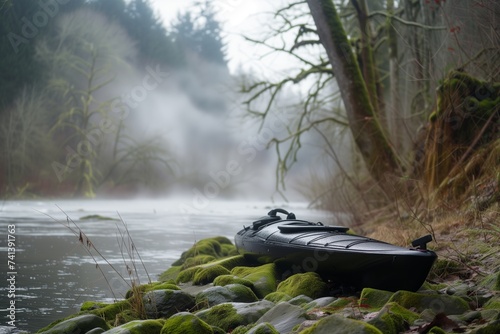black kayak on forest riverbank, mossy stones, misty air