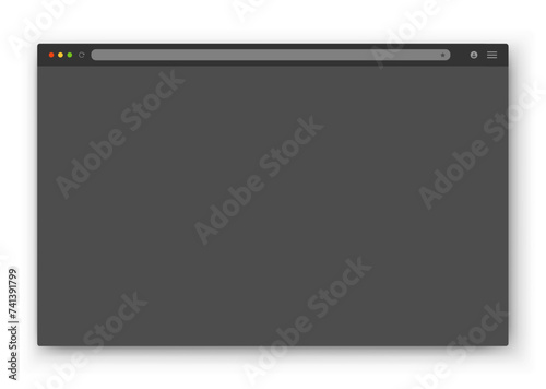 The design of the web browser window in gray on a white background. Vector frame of a website template with a shadow. Night mode theme. Vector EPS 10.