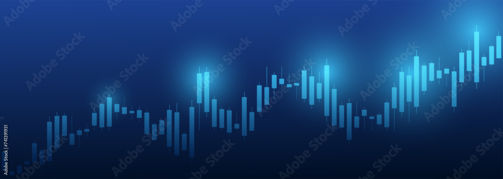 A chart of financial candlesticks on a blue background. Charting tools for traders. The market of cryptocurrency exchanges. Vector illustration.