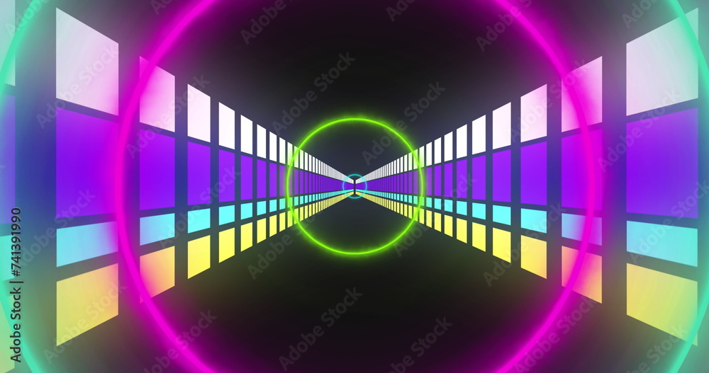 Image of colourful neon circles and digital tunnel on black background