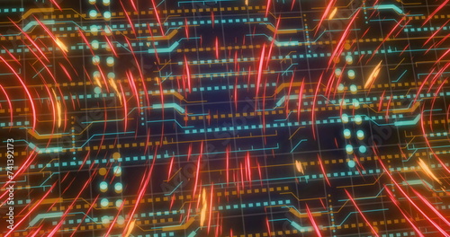 Image of orange light trails and data processing over circuit board