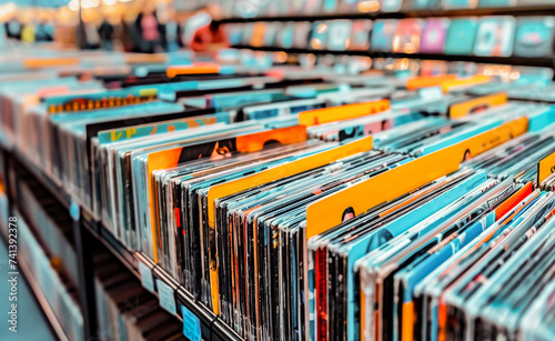 Rows of vinyl records in a music store with colorful album covers hinting at a treasure trove of music from various genres.