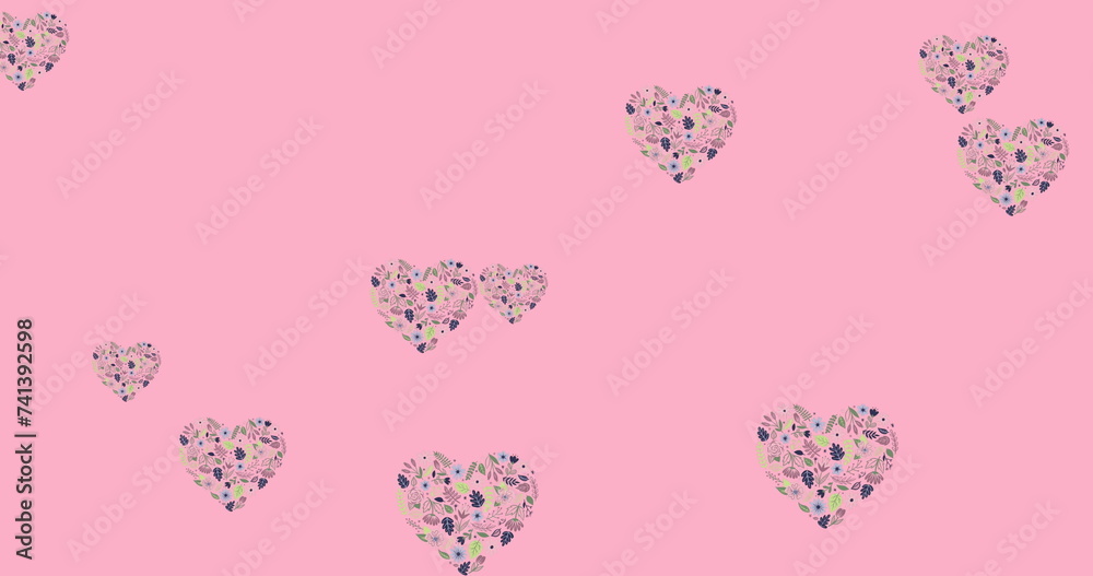 Image of sale text over heart flowers moving in hypnotic motion