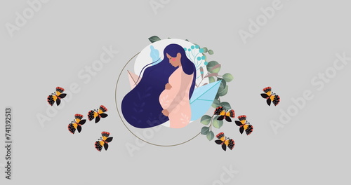 Image of pregnant woman, butterflies and flowers moving in hypnotic motion on grey