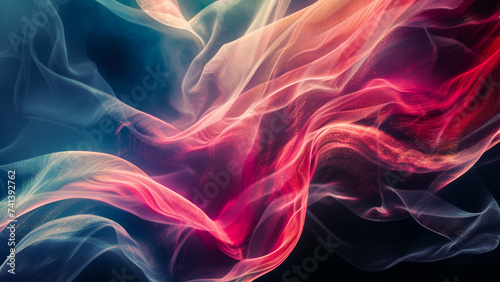Vibrant abstract image with smooth flowing waves of red and pink hues, resembling silky fabric in motion, perfect for backgrounds or artistic designs.
