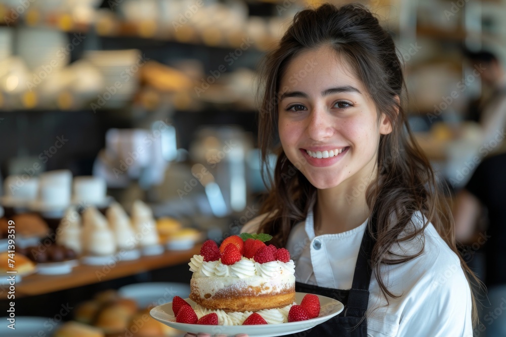 Smiling Baker Presenting Fresh Bread in Artisan Bakery. Generative AI