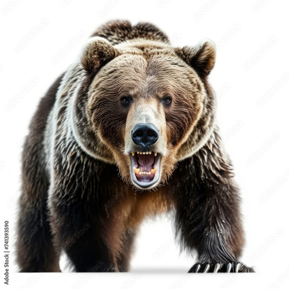 Intimidating brown grizzly bear roaring aggressively, captured isolated on a white background showcasing wild predatory instincts, Generative AI Intimidating brown grizzly bear roaring aggressively, captured isolated on a white background showcasing wild predatory instincts, Generative AI