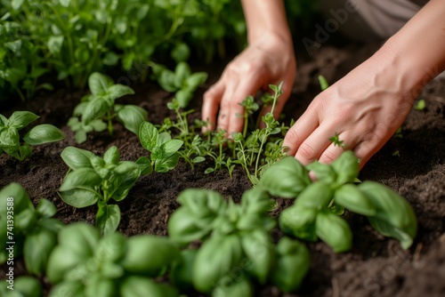 gardener with hands in soil, fresh herbs doubleexposed