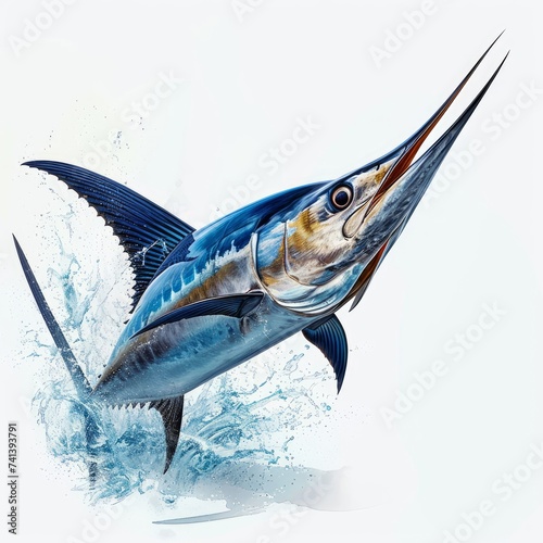 Detailed illustration of a blue marlin swordfish jumping out of the ocean isolated on a white background, Generative AI photo
