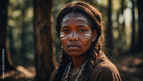 Portrait of an African woman with a painted face in the forest