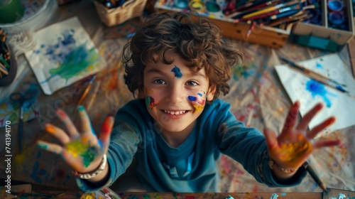 little boy with colorful hands of paints smiling at camera
