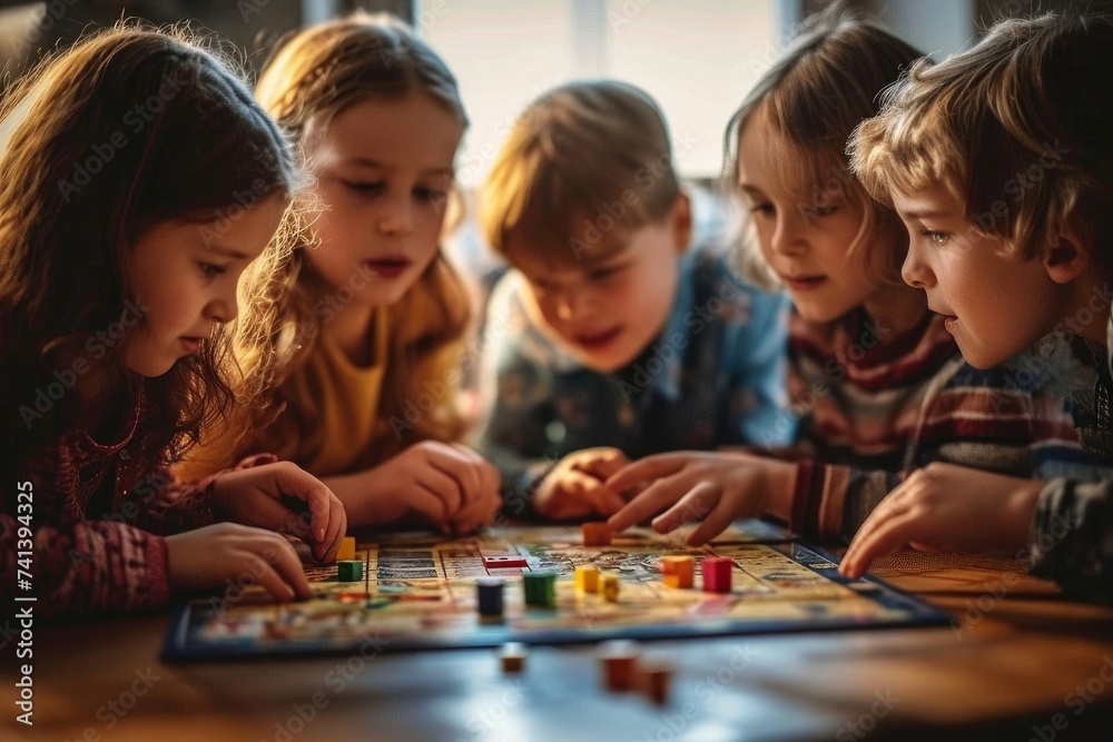 Candid group of children playing a board game, evoking nostalgia and the simple joys of childhood, Generative AI Candid group of children playing a board game, evoking nostalgia and the simple joys of childhood, Generative AI
