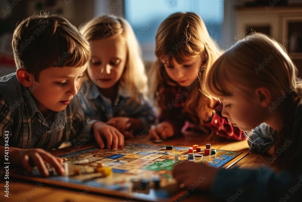 Candid group of children playing a board game, evoking nostalgia and the simple joys of childhood, Generative AI Candid group of children playing a board game, evoking nostalgia and the simple joys of childhood, Generative AI