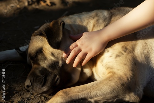 sunlit hand stroking the back of a lyingdown mastiff photo