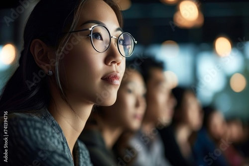 Asian woman intently watching business presentation, thoughtful expression, focused and engaged in information being shared, active learning and professional development, Generative AI