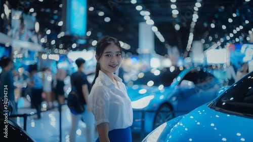 chinese stewardess girl at electric car exhibition photo