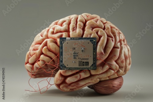 AI Brain Chip adaptive intelligence. Artificial Intelligence tsv mind neon raspberry axon. Semiconductor wafer circuit board neurotransmitter transporters