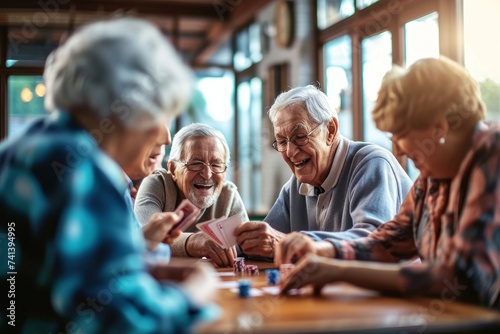Candid shot of seniors in a lively social activity, playing cards and laughing, capturing the joy of leisure in retirement, Generative AI