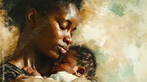 Beautiful black mother embracing newborn baby, expressing love, warmth, and the bond between mother and child