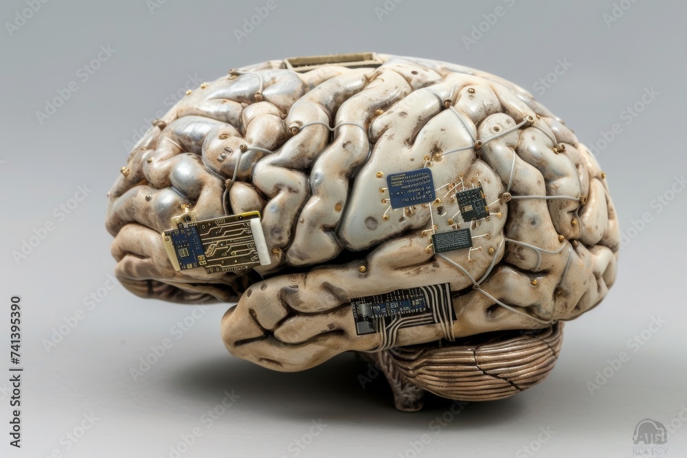AI Brain Chip sensory changes. Artificial Intelligence cutting edge mind nanomagnetics axon. Semiconductor nanocarriers circuit board power semiconductors - obrazy, fototapety, plakaty 
