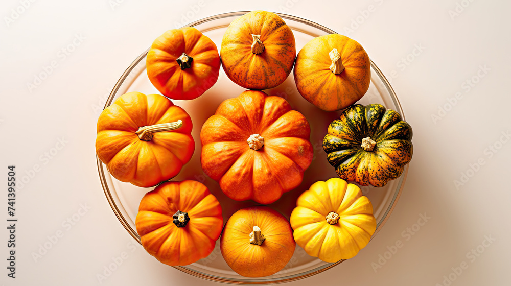 A group of pumpkins on a glass surface A group of pumpkins on a glass surface