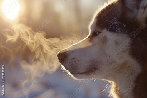 closeup of huskies breath visible in cold air