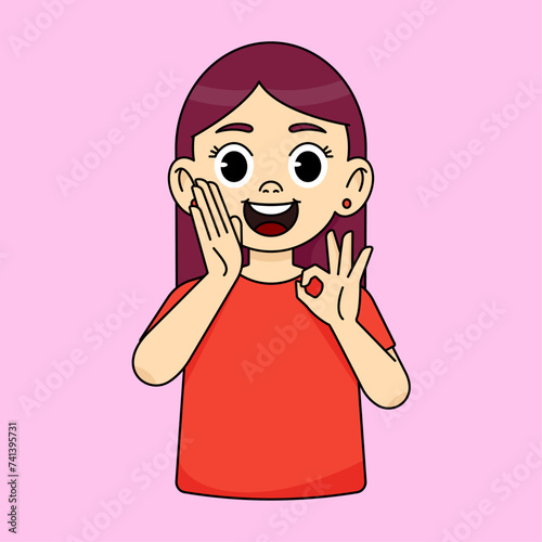 The girl screams joyfully and announces something and shows an OK gesture. Recommends
