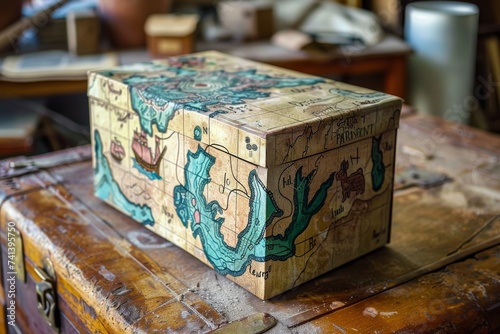 ecorative wooden chest displays a captivating world map, its continents and oceans inviting the viewer to embark on imaginary journeys