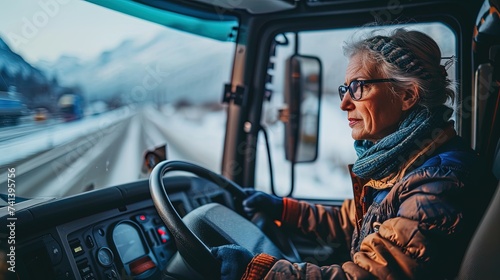 Mature female truck driver in the cab, navigating logistics and transportation photo