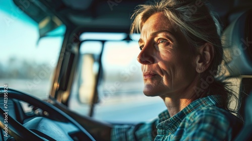 Mature female truck driver in the cab, navigating logistics and transportation © Anna Zhuk
