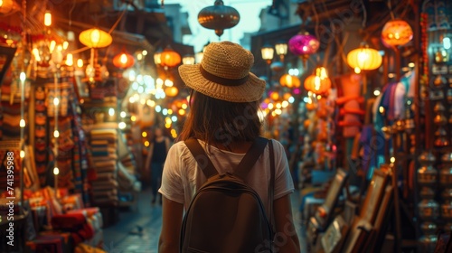 A woman strolling over a unique market street with a rucksack and hat. Generative Ai. © Planum