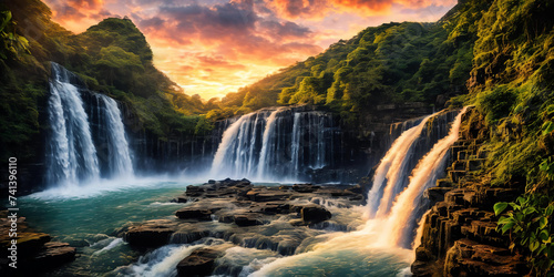 Fantasy landscape with waterfalls  panorama.