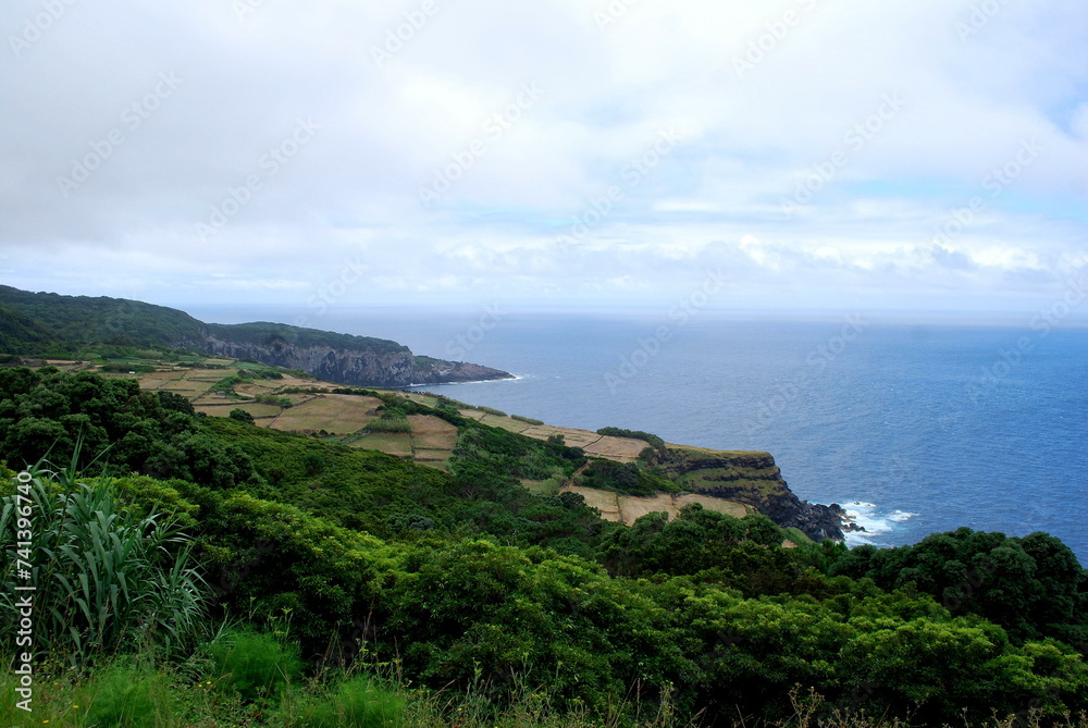 Atlantic ocean seen from the top of a hill, with forest, trees and agricultural fields visible. Photograph taken in Azores. 