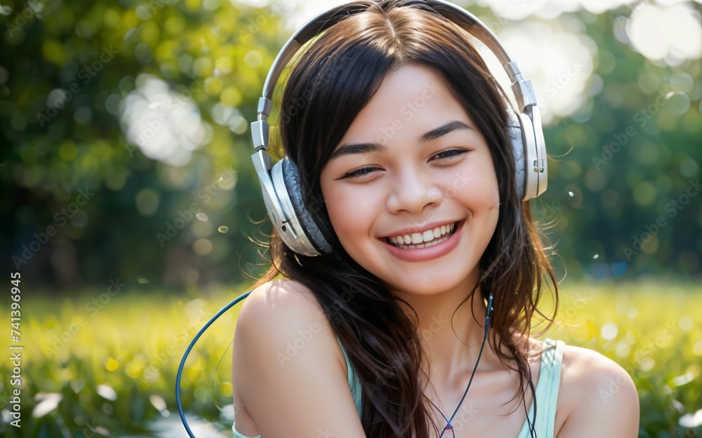 Capturing Joy A Portrait of a Young Woman Immersed in Music and Bliss ai generated Capturing Joy A Portrait of a Young Woman Immersed in Music and Bliss ai generated