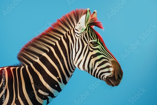 zebra with neoncolored mane in studio setup