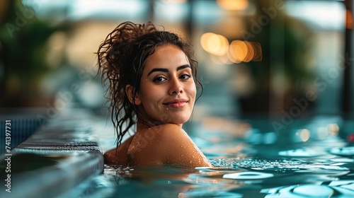 Beautiful young woman female model in a pool  immersed in the water  radiating elegance  and capturing the essence of aquatic allure