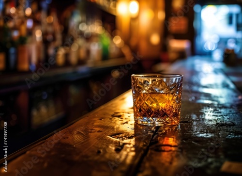 Glass of whiskey with ice cubes on a wooden table in the bar