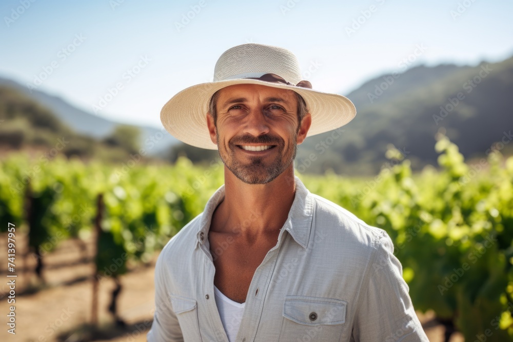 Portrait of a handsome mature man in a straw hat standing in a vineyard.