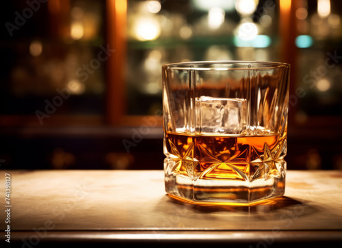 Glass of whiskey with ice cubes on a wooden table in the bar