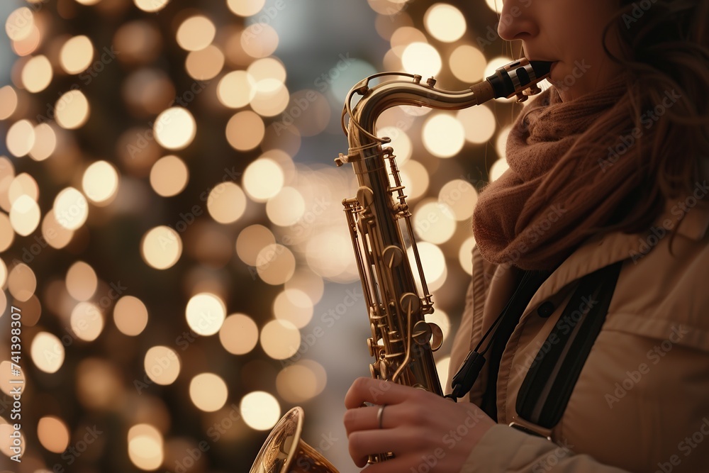 Fototapeta premium person playing the saxophone, blurred front