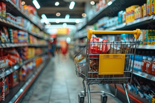 Shopping cart down store aisle filled with products, inflation prices rising idea