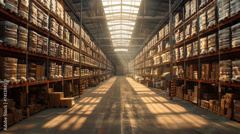 Warehouse interior bathed in sunlight, highlighting the magnitude of logistics and storage capabilities.