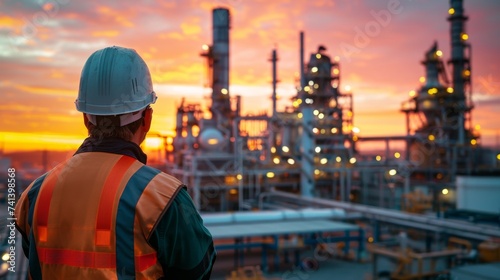 Industrial worker at sunset overlooking a chemical plant, symbolizing the energy sector and technological progress.