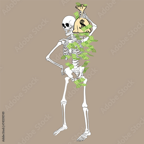 Skeleton holding money bag, falling money vector art