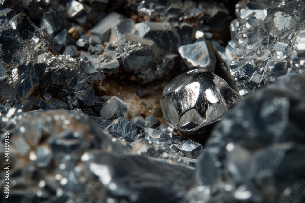 closeup of a silver nugget nestled among rough minerals