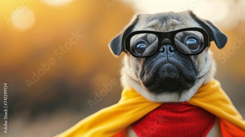 Cute pug dog wearing superhero glasses and cape with super hero inscription on it